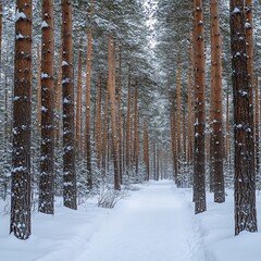 Winter wonderland forest path. A snow-covered trail winds through a dense stand of tall pine trees. The scene is serene and quiet, with the trees dusted with snow