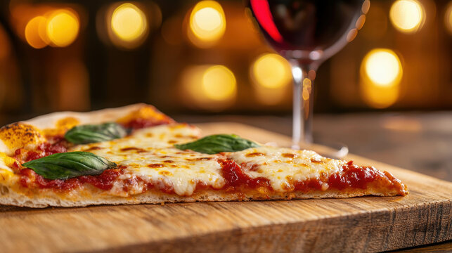 Delicious slice of pizza on wooden board with red wine and blurred festive lights background