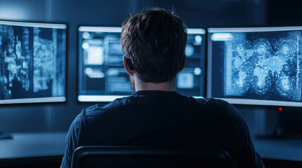 Man Analyzing Data on Multiple Monitors in a Dark Office Environment with Technology Graphics