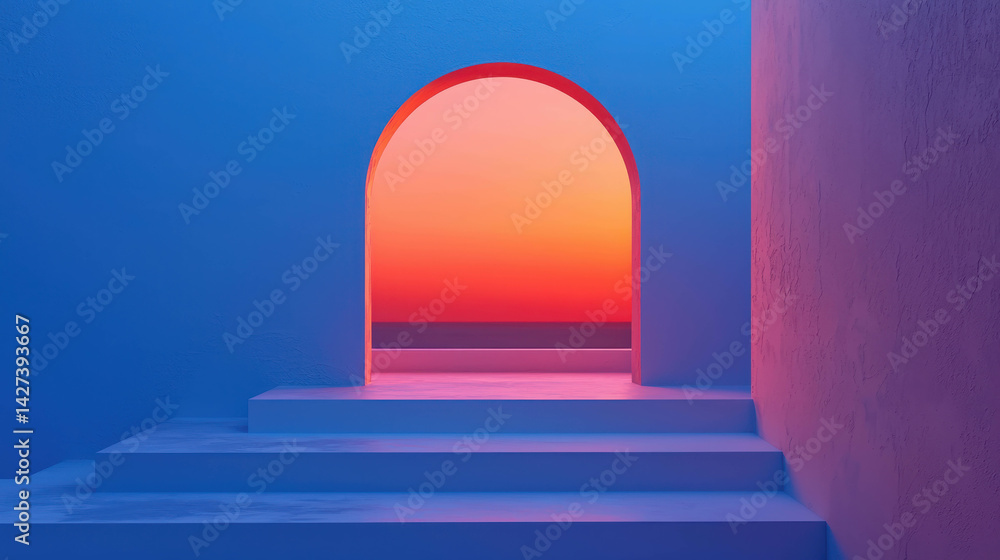 Poster serene sunset view through an arched window in a minimalist setting with vibrant colors