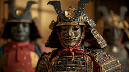 Fototapeta premium Historical Japanese Samurai Armor Display with Unique Helmet and Facial Mask in Museum Setting