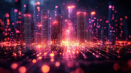 Obraz premium Mesmerizing Cityscape of Glowing Skyscrapers and Luminous Night Skyline Futuristic urban landscape with towering high rise buildings dazzling lights and a vibrant electrifying atmosphere