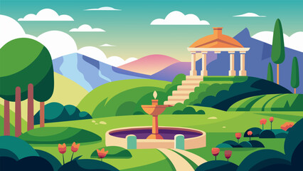 Naklejka premium Situated on a hilltop the garden offers a breathtaking view of the surrounding landscape reminding the Stoics of the transience of life.. Vector illustration