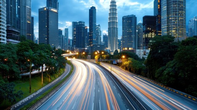 Breathtaking aerial view of a vibrant fast paced city at night with blurred trails of traffic illuminating the towering skyscrapers and modern architecture of the bustling downtown financial district