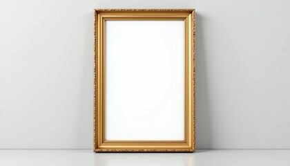 Elegant blank golden frame on white wall.