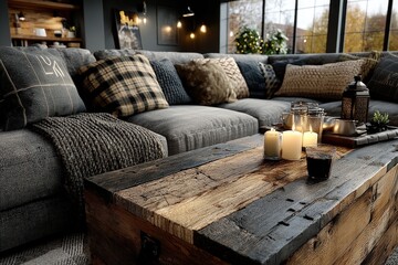 Cozy living room setup with a rustic coffee table and plush cushions
