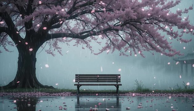 Rain Falling on Cherry Blossoms with Empty Bench Slow Motion. Seamless looping overlay 4k virtual video animation background