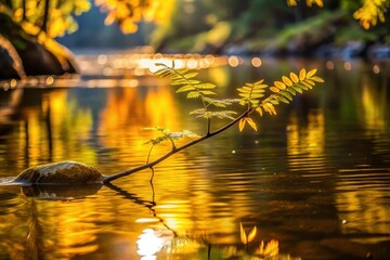 Golden Autumnal Branch Resting on a River Rock, Reflecting in Calm Water at Sunset