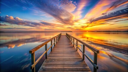 Obraz premium Serene Sunset Vista Wooden Pier Extending to a Calm Lake Reflecting Vibrant Sky Colors