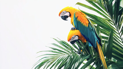 Obraz premium Two vibrant macaw parrots, displaying golden yellow and turquoise plumage, perch gracefully amid lush green palm fronds against a serene, bright white background.