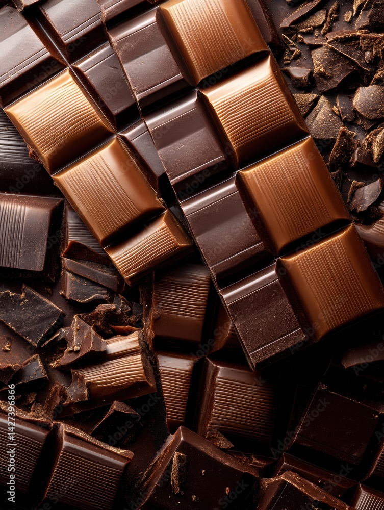 Aufkleber Macro View of Broken Chocolate Bar Squares Showcasing Shiny Texture and Rich Color Against a Backdrop of Chocolate Pieces