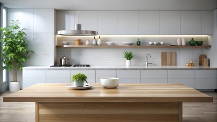 Modern Kitchen Island Display with Minimalist Decor and Hanging Light Fixture