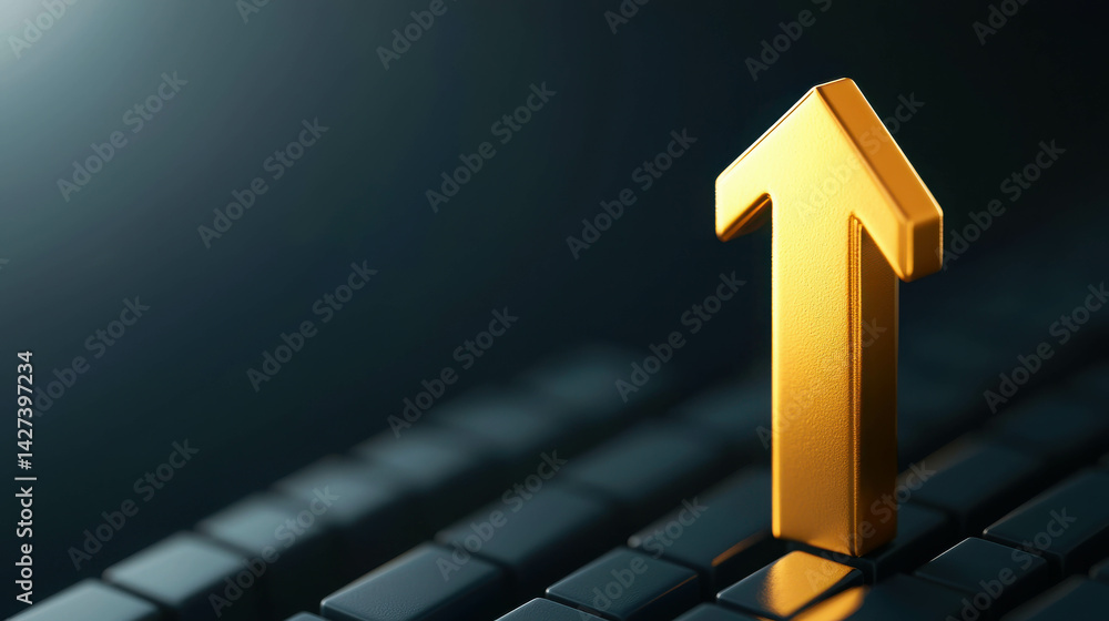 Poster golden arrow pointing upward on black keyboard background symbolizing progress and success