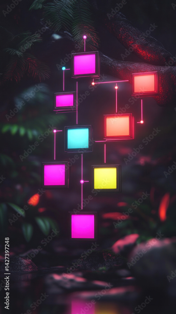 Poster a colorful display of squares hanging from a tree branch. the squares are in different colors and ar