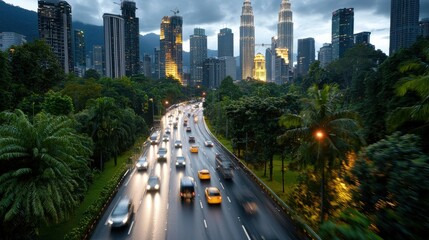 Naklejka premium Impressive illuminated cityscape with towering high rise skyscrapers winding road and dense traffic at night in a modern bustling metropolitan area