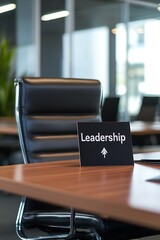 Fototapeta premium A black office chair sits in front of a desk with a sign that says Leadership