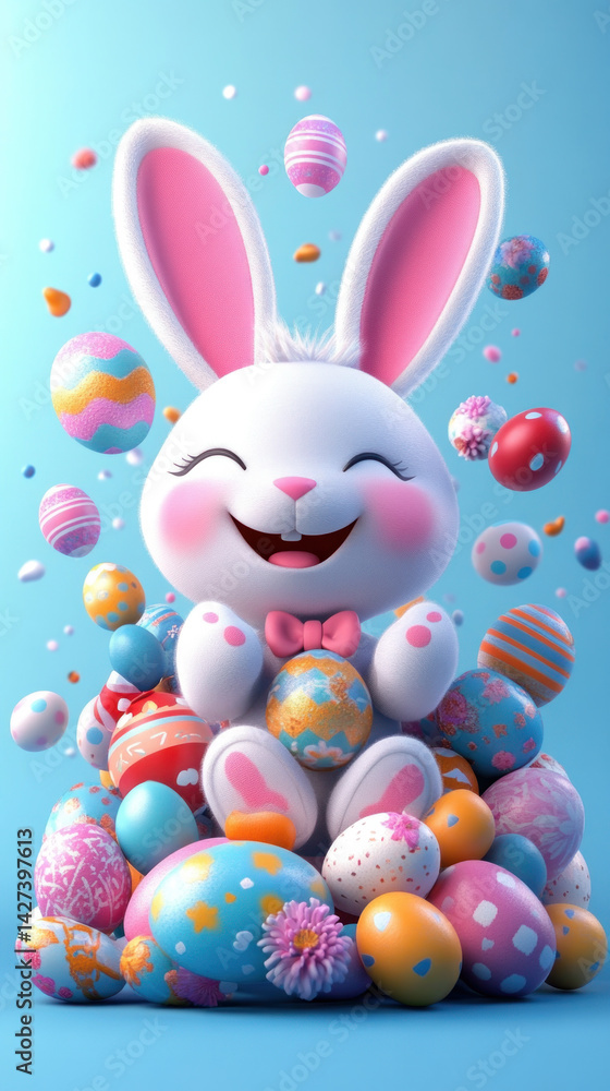 Aufkleber a cartoon rabbit is sitting on a pile of easter eggs. the rabbit is smiling and he is happy. the egg