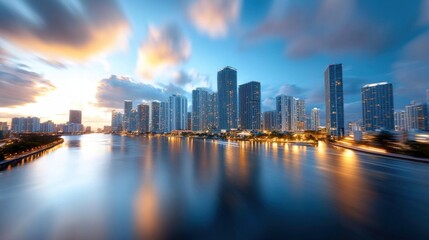 Fototapeta premium Breathtaking aerial view of a modern metropolitan city skyline at dusk with towering skyscrapers and glass clad highrise buildings casting dramatic reflections on the calm river water