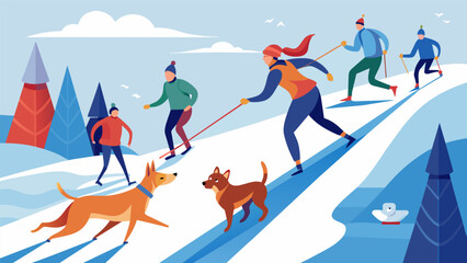 As the skijoring skiers navigated the track spectators could see the trust and teamwork between them and their canine counterparts.. Vector illustration