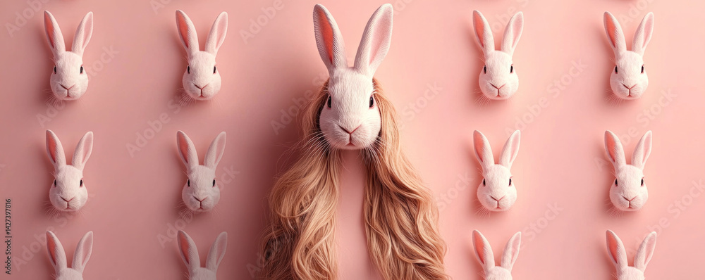 Poster a woman with long hair is standing in front of a wall of rabbit heads. the rabbits are all different