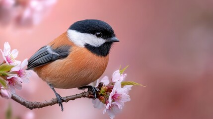 Close up of an adorable fluffy chickadee bird perched on a twig with beautiful spring flowers blooming on the branch