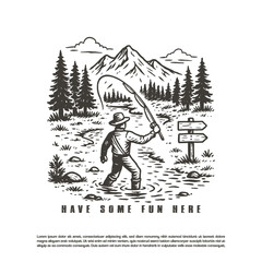 Fishing in the wild river retro vector badge illustration
