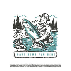 retro hand drawn old fisherman holding big tuna in the lake vector