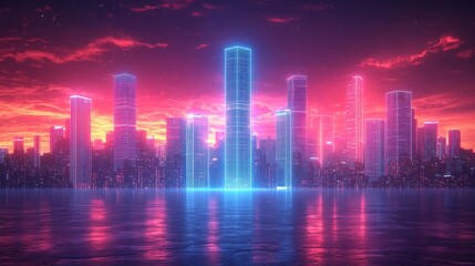 Fototapeta premium Stunning futuristic cityscape with glowing neon towers and skyscrapers reflecting in the calm waters at a dramatic colorful sunset A vibrant