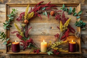 Autumnal Wreath with Burning Candles on Rustic Wooden Background