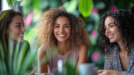 Diverse group of young happy women friends laughing smiling and bonding together in a vibrant lush tropical garden setting with colorful foliage and greenery in the background