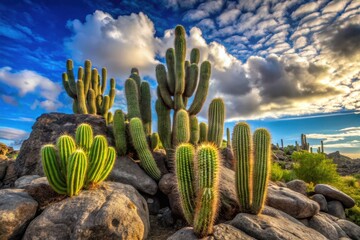 A vibrant display of diverse cacti thriving amidst sun-drenched rocks under a dramatic, cloudy sky