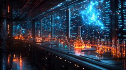 Obraz premium Futuristic laboratory with glowing beakers and digital displays.