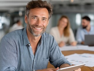Fototapeta premium Smiling man at work, holding tablet. Blurred people and charts in background