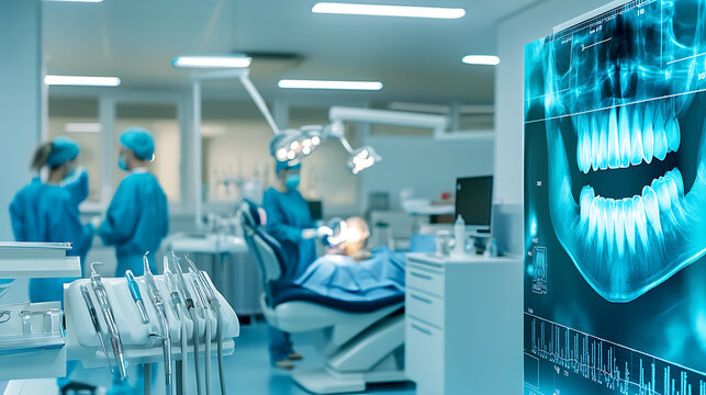 Dental surgery procedure modern dental clinic medical imaging clean environment professional view health and technology