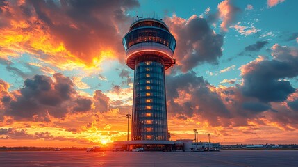 Obraz premium Air traffic control tower at sunset.