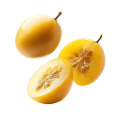 Golden Lulo fruit levitating whole and halved showing seeds and texture