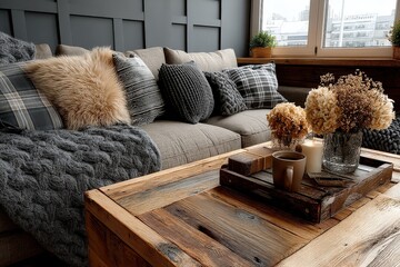 Cozy living room with rustic wood table, soft blankets, and warm light