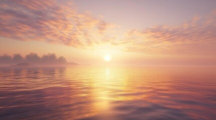 Fototapeta premium Serene golden sunset over a misty lake.