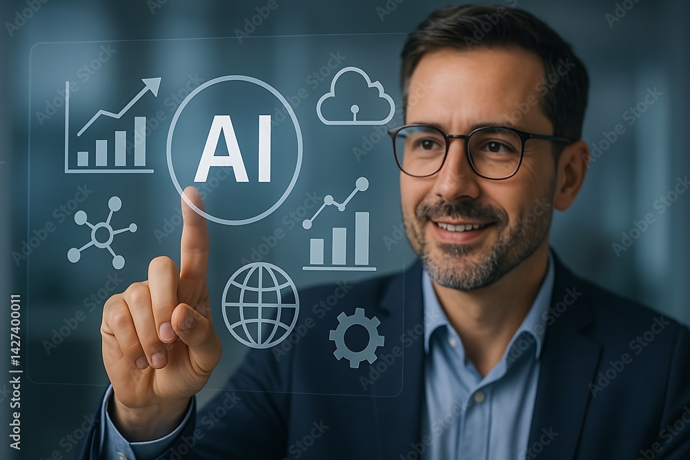 Poster business professional in a dark suit interacting with a holographic interface displaying ai icons li