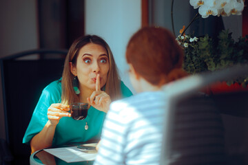 Woman Shares a Secret Over Coffee with a Friend and Requests Discretion. secretive person signals that they want the conversation to remain private 