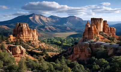 Naklejka premium Striking red rock formations and green trees under partly cloudy sky. Mountains backdrop