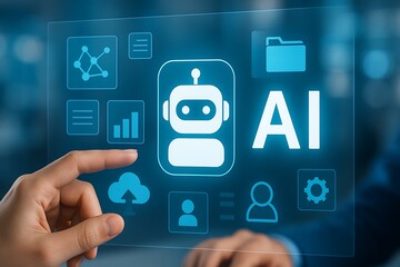 Close-up of hands interacting with a futuristic holographic AI interface displaying analytics and charts in a sleek office environment.