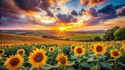Fototapeta premium Golden Hour Sunbeams Illuminate a Vast Sunflower Field Rolling Across a Verdant Landscape at Sunset