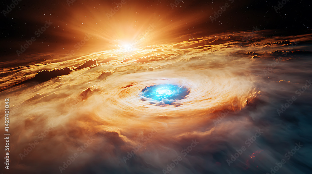 Poster exploring cosmic phenomena stellar formation in outer space digital art celestial environment aerial