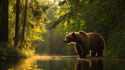 Majestic brown bear by the river a glimpse into untamed wilderness and wildlife conservation in a beautiful forest environment with golden sunlight