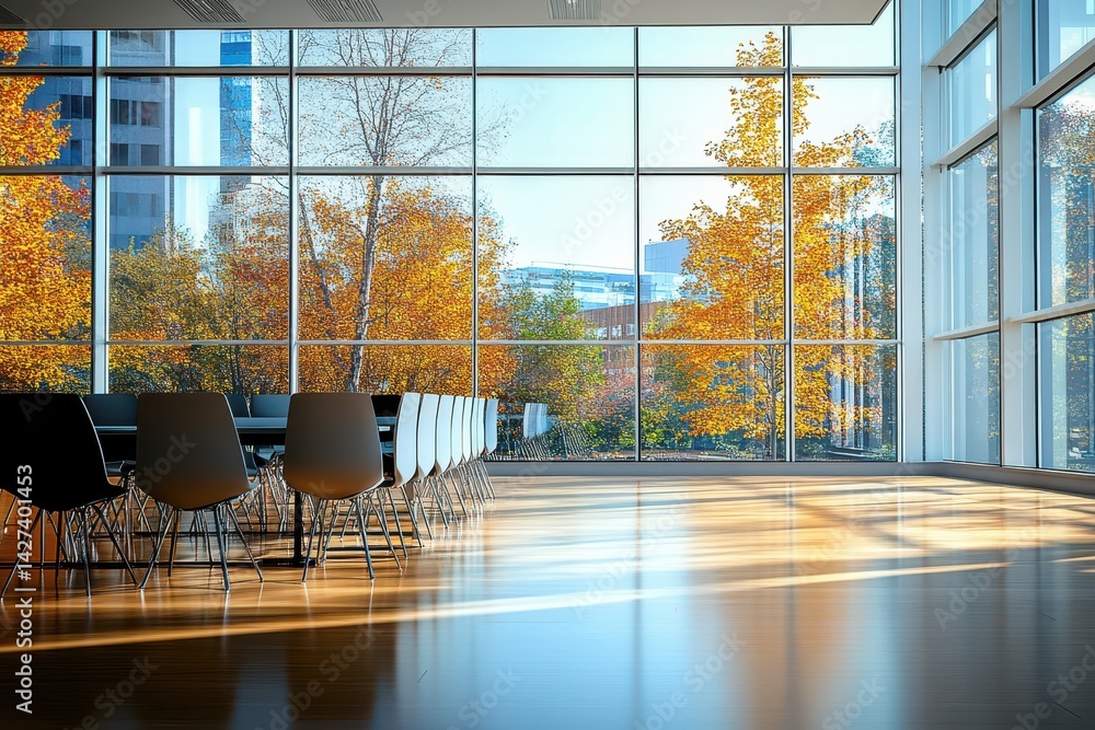 Poster modern conference room with floor-to-ceiling windows showcasing vibrant autumn trees and bright sunl