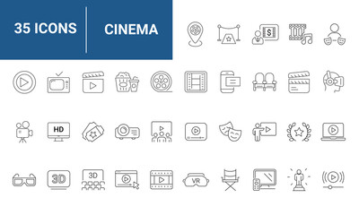 Cinema set of web icons in line style. Movie and Film linear icon collection. Containing video, movie theater, 3d, vr, popcorn, ticket, director, soundtrack and more. Editable stroke