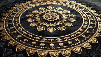 Intricate circular pattern, gold on dark background