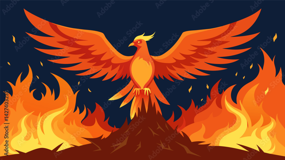 Poster a phoenix rising from the ashes symbolizing the ability to overcome and rebuild after a devastating 