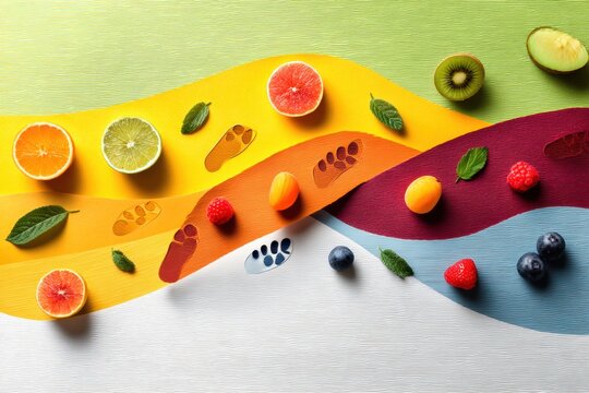 Colorful Fruit Footprints Leading to a Vibrant Wellness Path Filled With Fresh Flavors and Healthy Choices